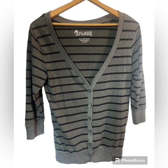 Splash black grey striped vneck button front lightweight Cardigan junior large - Picture 1 of 5